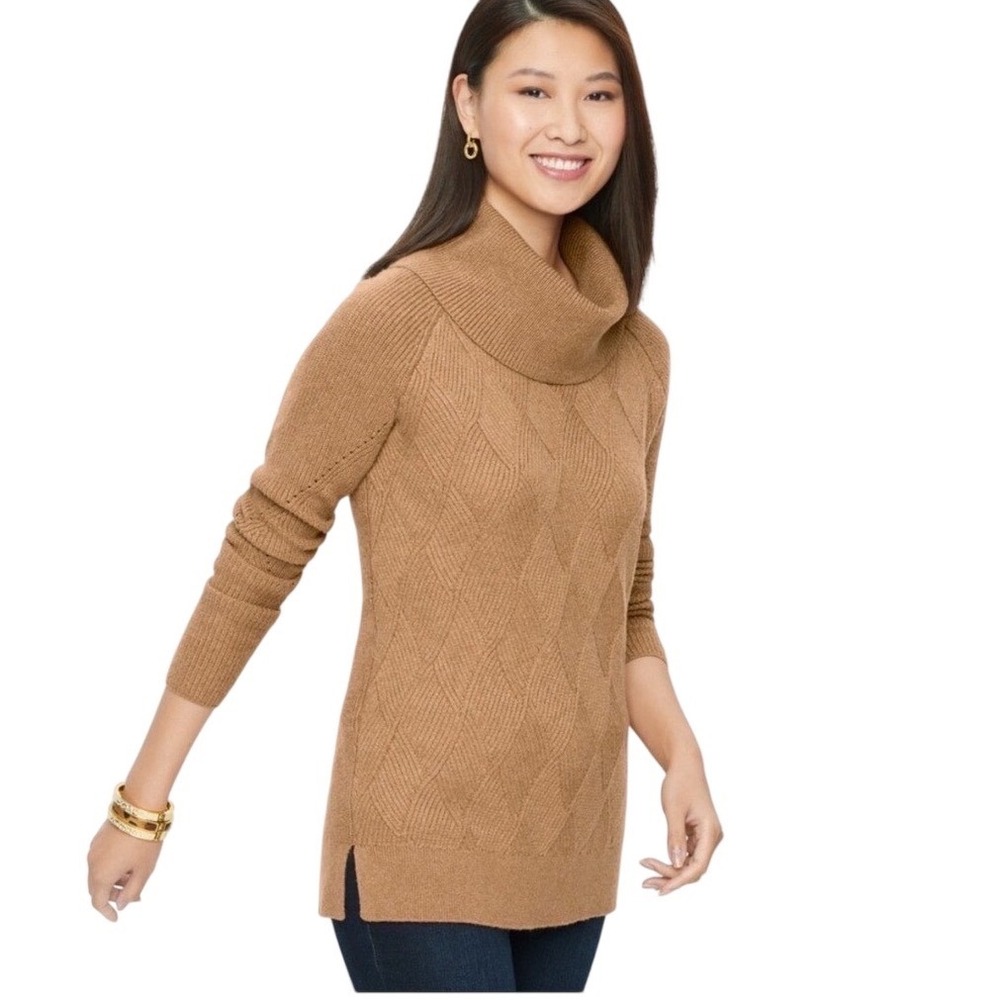 Talbots Womens Cowl Neck Diamond Cable Knit Sweater Camel Brown Large Petite